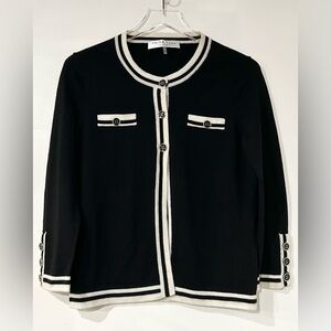 Trina Turk Merino‎ Wool Contrast Trim Cardigan Black White M